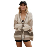 Women's Autumn winter knitting jacket v-neck Plus Size color matching cardigan sweater for women