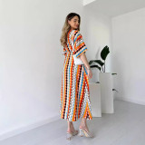 Women's fashion Holidays style striped print v-neck long dress