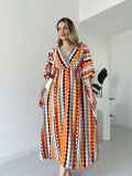 Women's fashion Holidays style striped print v-neck long dress