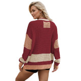 Women's Autumn winter knitting jacket v-neck Plus Size color matching cardigan sweater for women