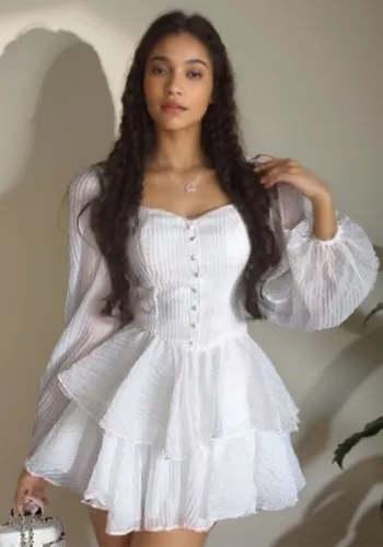 Women'sautumn fashion solid color puff sleeve Cascading Ruffles chiffon dress