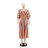 Women's fashion Holidays style striped print v-neck long dress