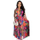 Fashionable women's printed sleeveless long dress