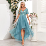 Evening dress deep v short sleeve sequin mesh patchwork irregular bridesmaids prom dress