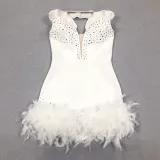 Women summer sexy V Neck party Patchwork feather Beaded Dress