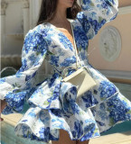 Women French blue floral V-neck long-sleeved mini dress