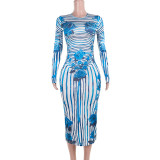 Women rose print striped long-sleeved dress