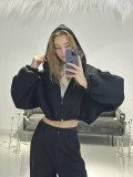 Women autumn and winter zipper drawstring Solid Crop long-sleeved Hoodies