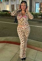 Women leopard print hooded Top and trousers two-piece set