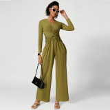 Women sexy v-neck pleated split yoga jumpsuits