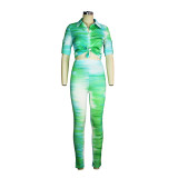 Women printed Turndown Collar shirt and Pants Two-piece Set