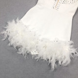 Women summer sexy V Neck party Patchwork feather Beaded Dress