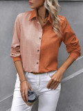 Women Casual Solid color-blocked long-sleeved Turndown Collar shirt