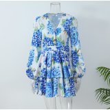 Women French blue floral V-neck long-sleeved mini dress