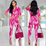 Women printed Turndown Collar shirt and Pants Two-piece Set