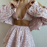 Women summer wide Heart Print three-piece