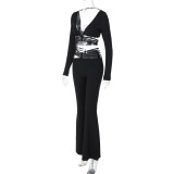 Women Sexy V-neck Long Sleeve Top and Lace-Up Wide Leg Pants Two-piece Set