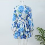 Women French blue floral V-neck long-sleeved mini dress