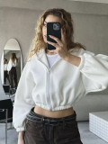 Women autumn and winter zipper drawstring Solid Crop long-sleeved Hoodies