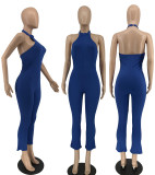 Women Casual Solid Backless Halter Neck Jumpsuit