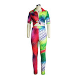 Women printed Turndown Collar shirt and Pants Two-piece Set