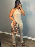 Women Casual Solid Backless Halter Neck Jumpsuit