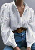 Women Solid embroidered hollow long-sleeved Turndown Collar shirt