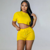 Women sports Casual Solid Crop Top and Shorts two-piece set