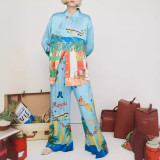 Women Casual long-sleeved printed pocket Top and Pants two-piece set