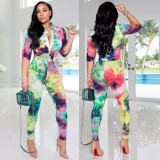 Women printed Turndown Collar shirt and Pants Two-piece Set