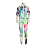 Women printed Turndown Collar shirt and Pants Two-piece Set