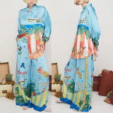 Women Casual long-sleeved printed pocket Top and Pants two-piece set