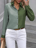 Women Casual Solid color-blocked long-sleeved Turndown Collar shirt