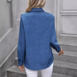 Women Casual Solid color-blocked long-sleeved Turndown Collar shirt