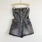 Women sexy Strapless hollow Denim Jumpsuit