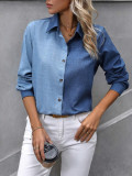 Women Casual Solid color-blocked long-sleeved Turndown Collar shirt