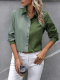 Women Casual Solid color-blocked long-sleeved Turndown Collar shirt