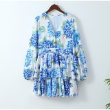 Women French blue floral V-neck long-sleeved mini dress