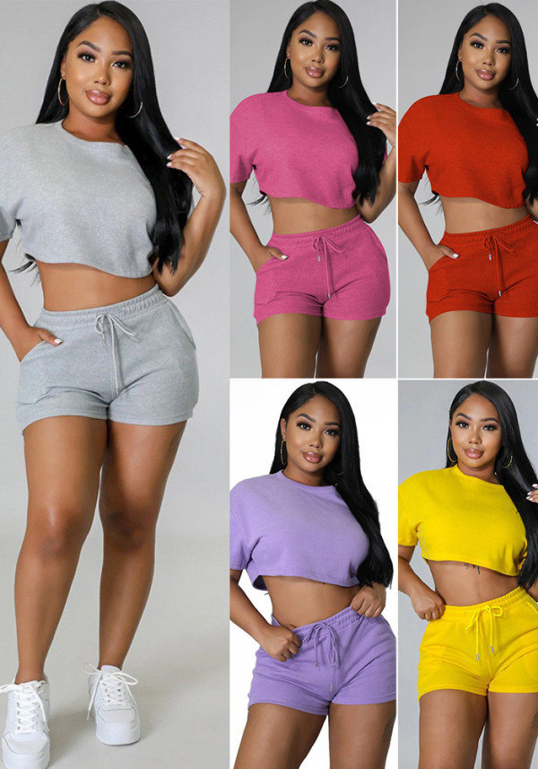 Women sports Casual Solid Crop Top and Shorts two-piece set