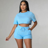 Women sports Casual Solid Crop Top and Shorts two-piece set