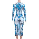 Women rose print striped long-sleeved dress