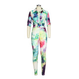 Women printed Turndown Collar shirt and Pants Two-piece Set