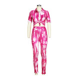 Women printed Turndown Collar shirt and Pants Two-piece Set