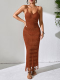 Sexy Hollow Slim Tassel Sleeveless Knitting V-Neck Strap Beach Long Dress