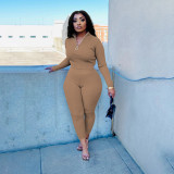 Women's Autumn Solid Color Ribbed Zipper Long Sleeve Tight Slim Sport Two Piece Pants Set