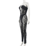 Summer Hollow High Stretch Strapless See Through Mesh Sexy Jumpsuit For Women