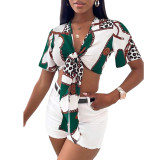 Women's Bow Tie Sexy Shirt Summer Short-Sleeved Printed Top