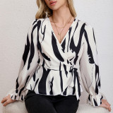 Chic Fashion Spring Black And White Print Loose V-Neck Lace-Up Long Sleeve Shirt Top