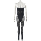 Summer Hollow High Stretch Strapless See Through Mesh Sexy Jumpsuit For Women