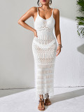 Sexy Hollow Slim Tassel Sleeveless Knitting V-Neck Strap Beach Long Dress